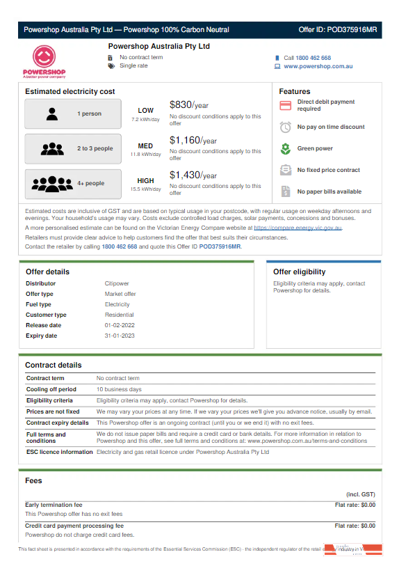 AUSTRALIA POWERSHOP utility bill Word and PDF template